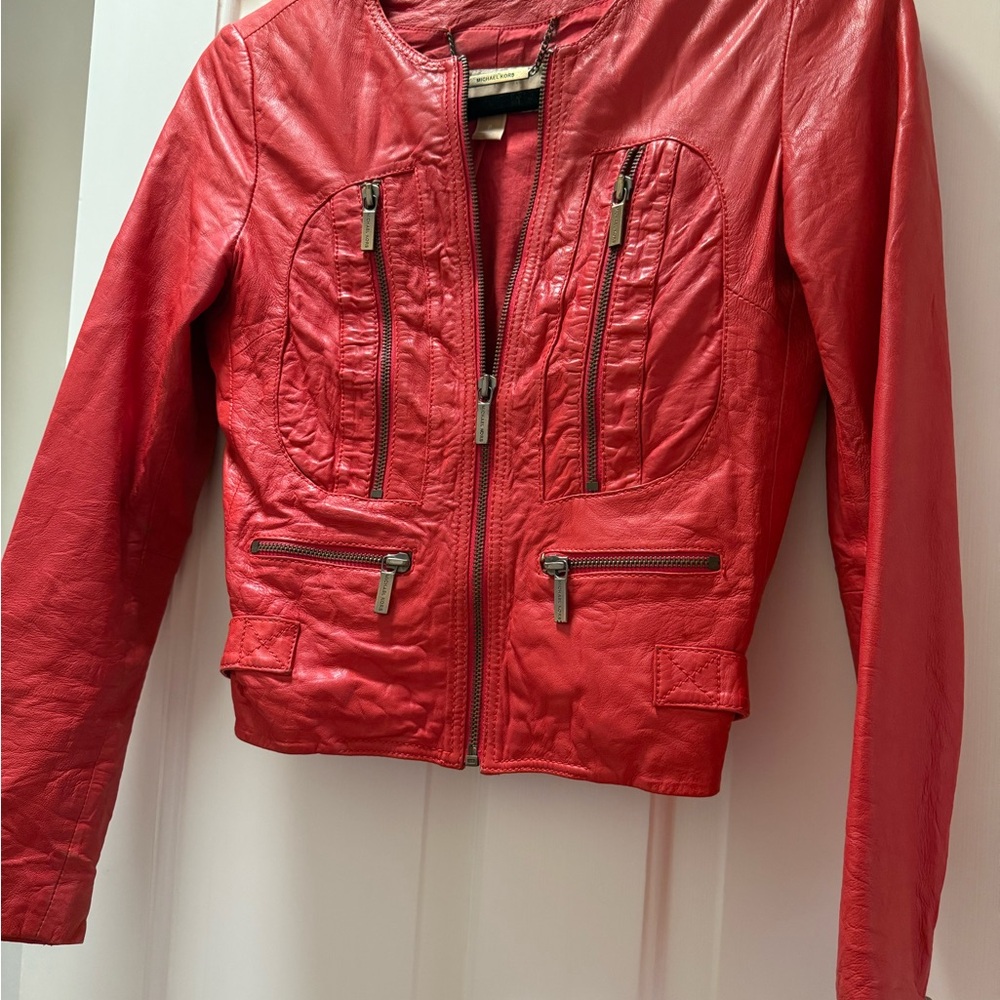 MICHAEL Michael Kors Red Faux Leather Zip-Front Jacket
